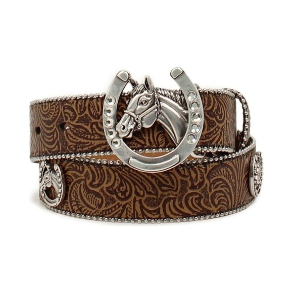 Ariat Western Horse Belt Brown Embossed Rinestone Silver Buckle Accent Ladies 30 - Picture 1 of 12
